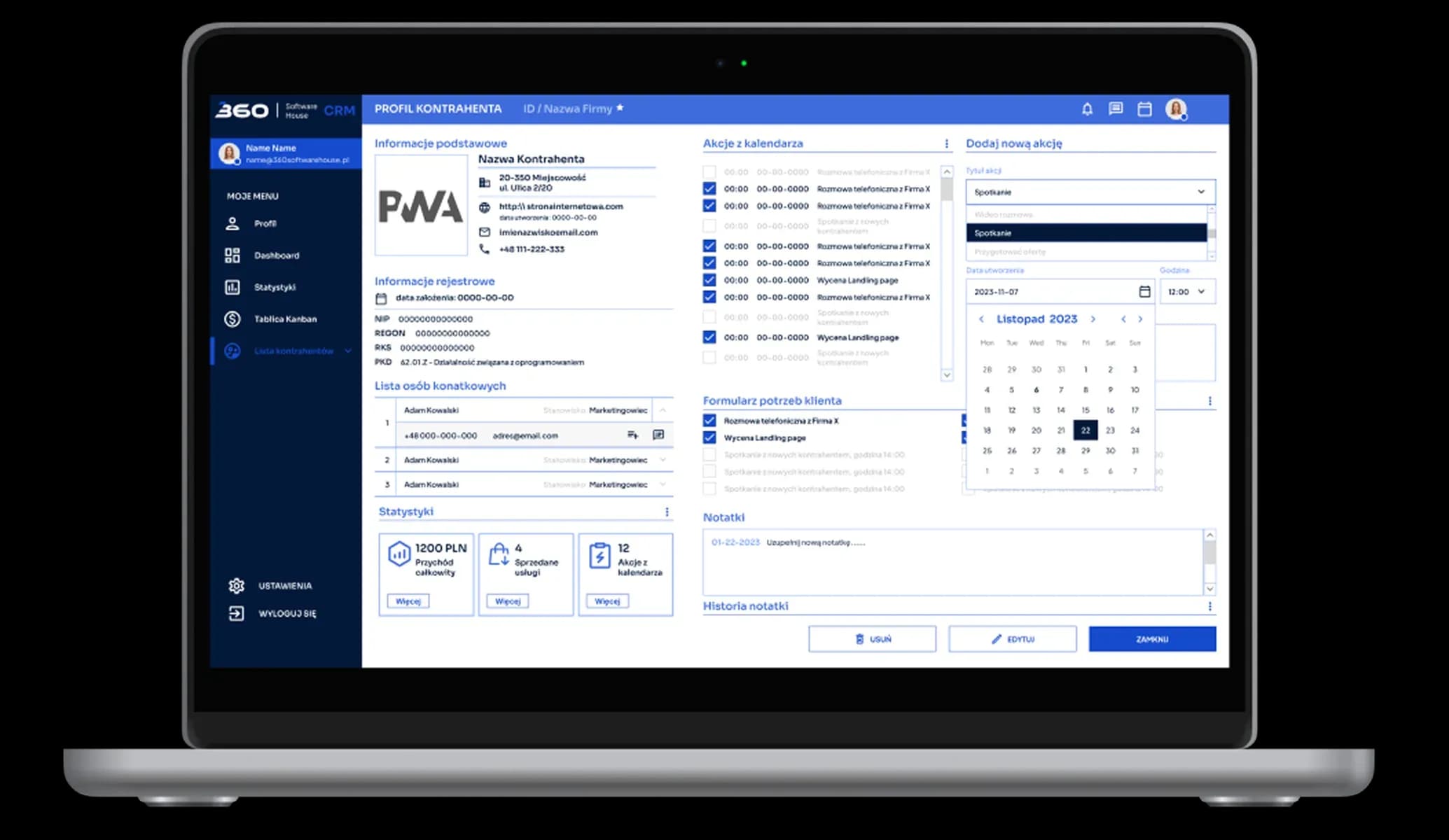 Widok dedykowanego systemu CRM 360 Software House