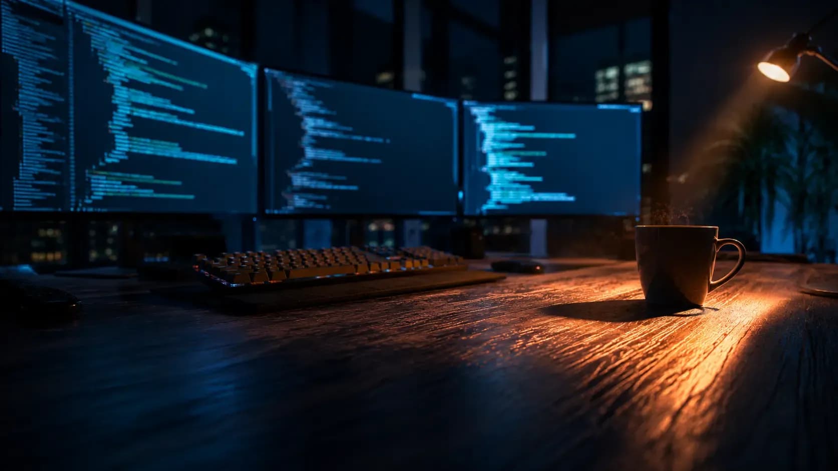 Nowoczesne, puste stanowisko pracy programisty w ciemnoniebieskim klimacie