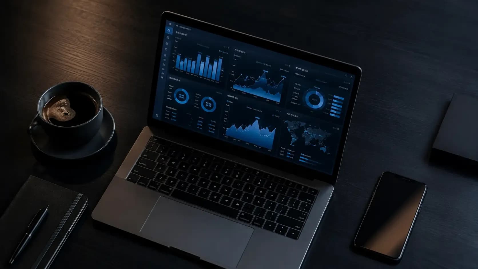 Laptop z dashboardami do analizy danych biznesowych i wykresami AI