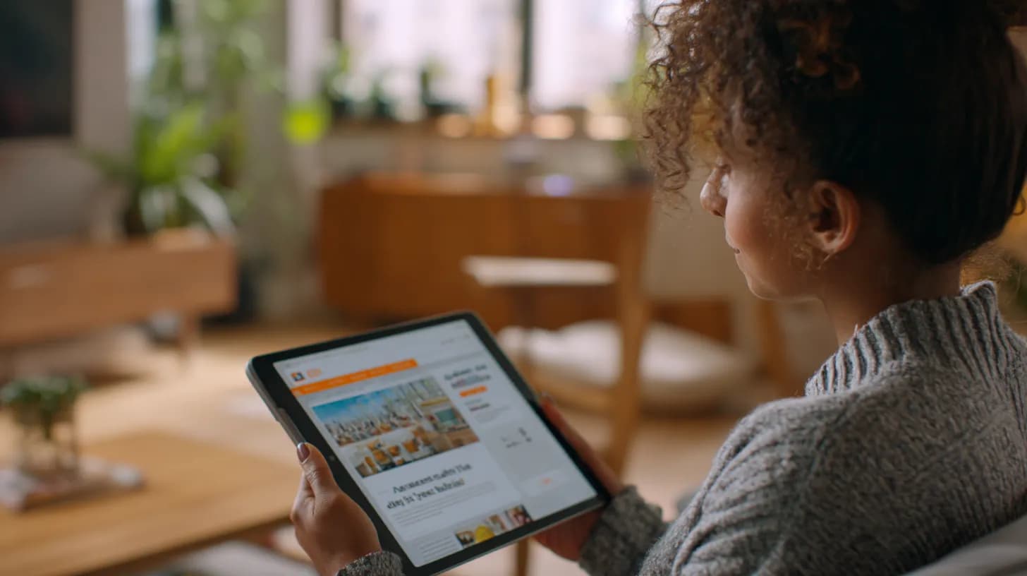 A woman reading a blog article on a tablet