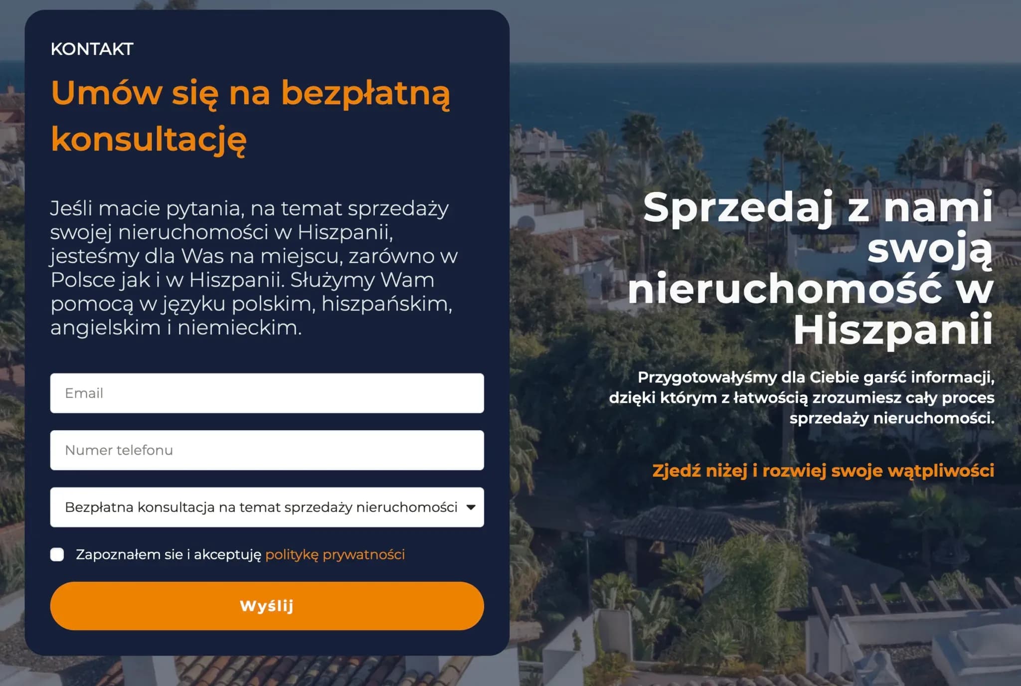 A landing page for a real estate service in Spain