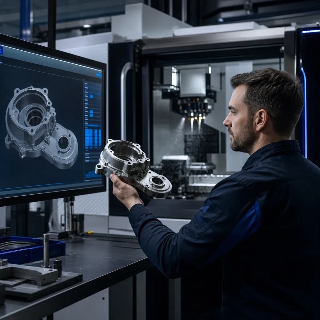 Inżynier porównuje model CAD 3D z gotową częścią na hali produkcyjnej.