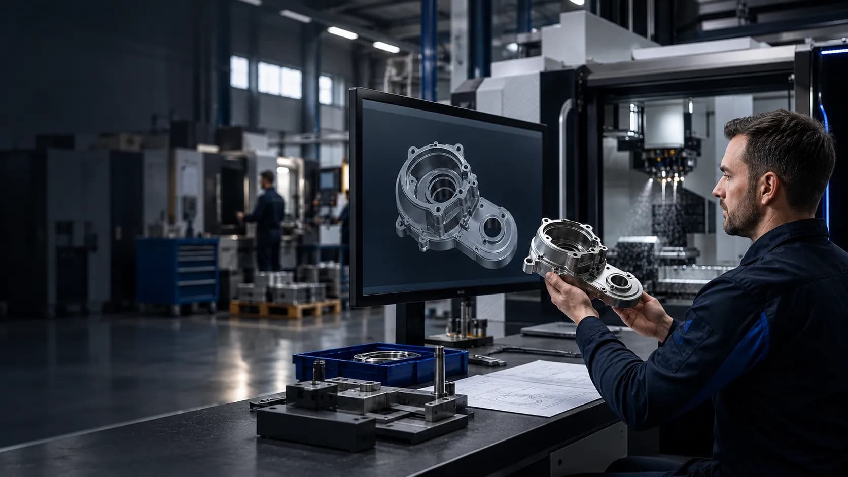 Inżynier porównuje model CAD 3D z metalowym elementem na hali produkcyjnej.