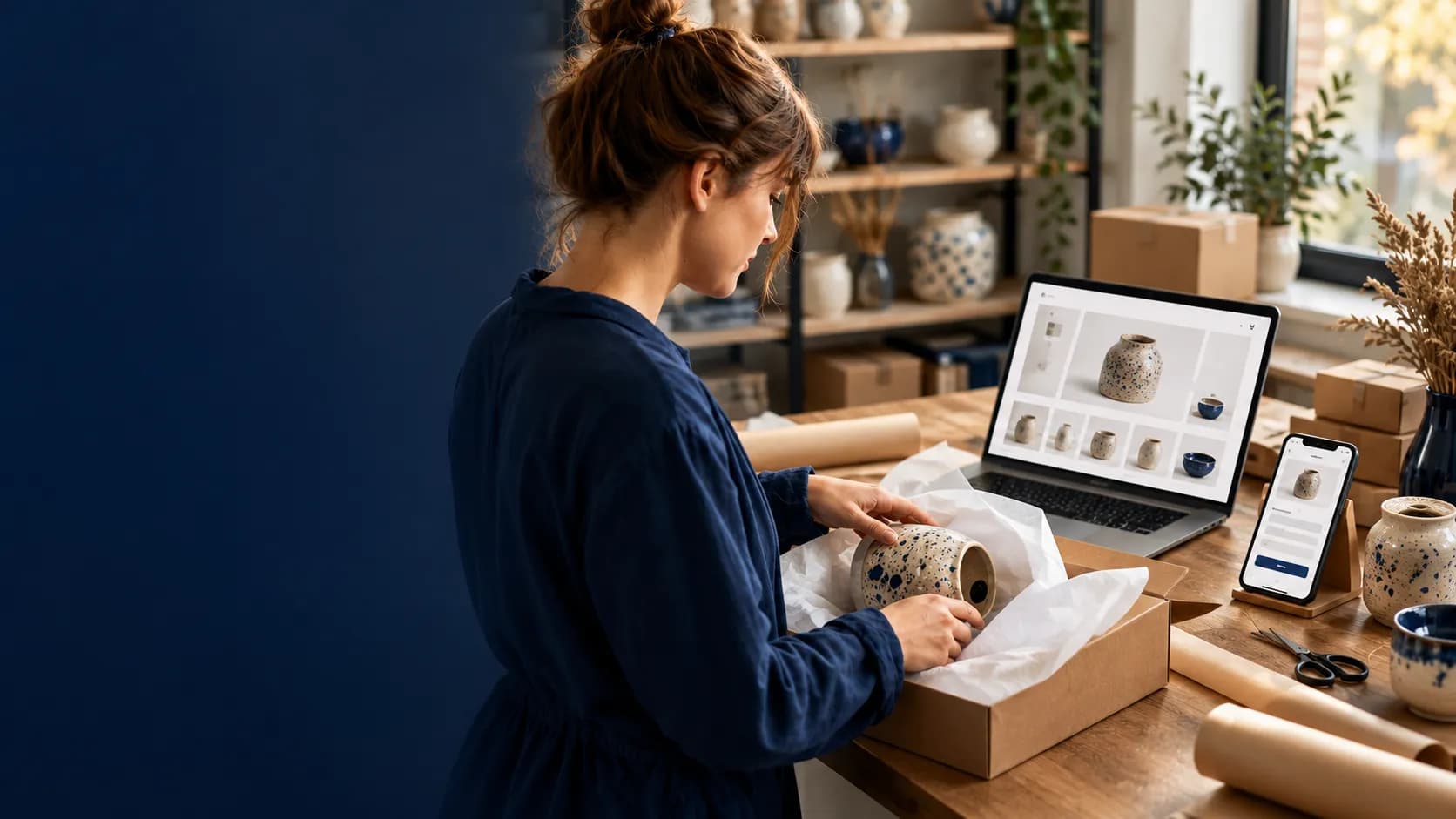 Właścicielka firmy pakuje zamówienie ze sklepu internetowego przy laptopie i smartfonie.