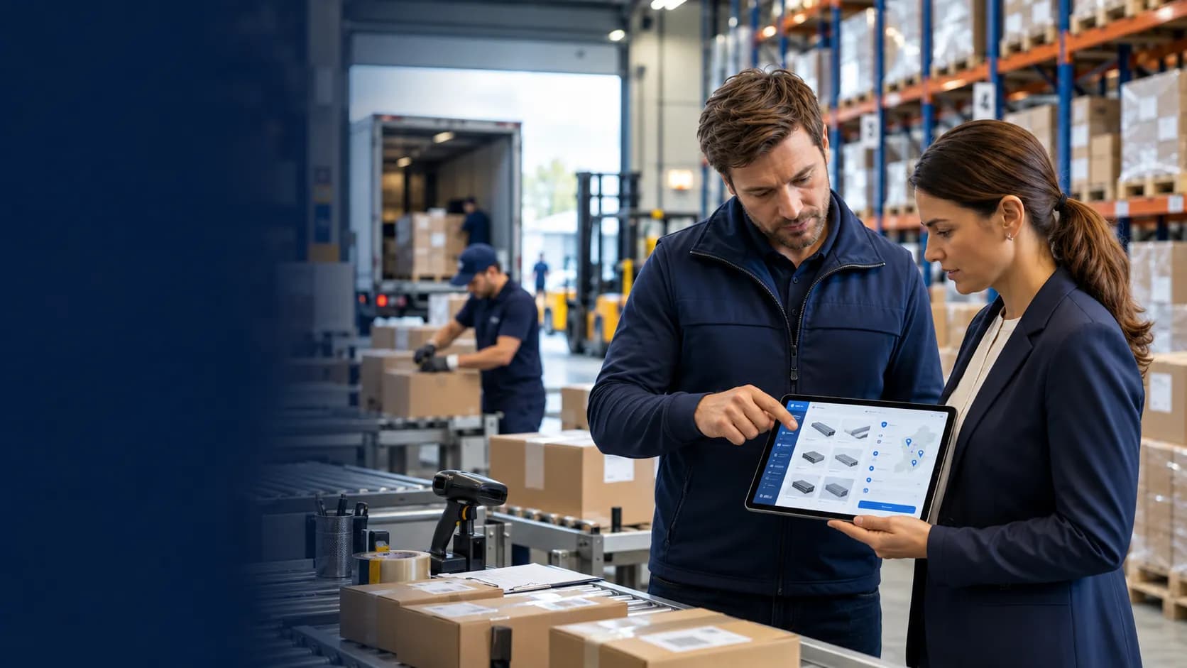 Przedstawiciele producenta i dystrybutora przeglądają zamówienie B2B w magazynie.