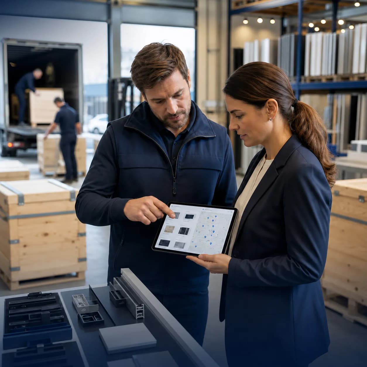 Producent i dystrybutorka przeglądają zamówienie B2B na tablecie w magazynie.